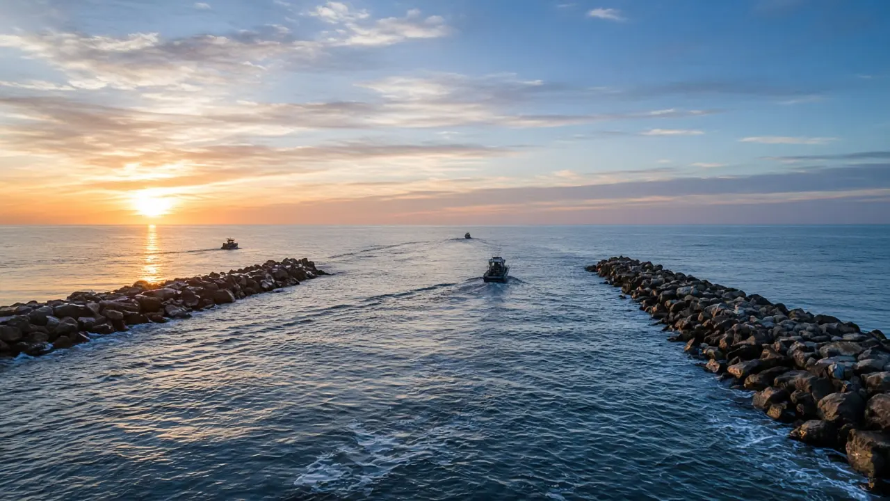 Illustration of boats passing between two rock jetties at sunrise