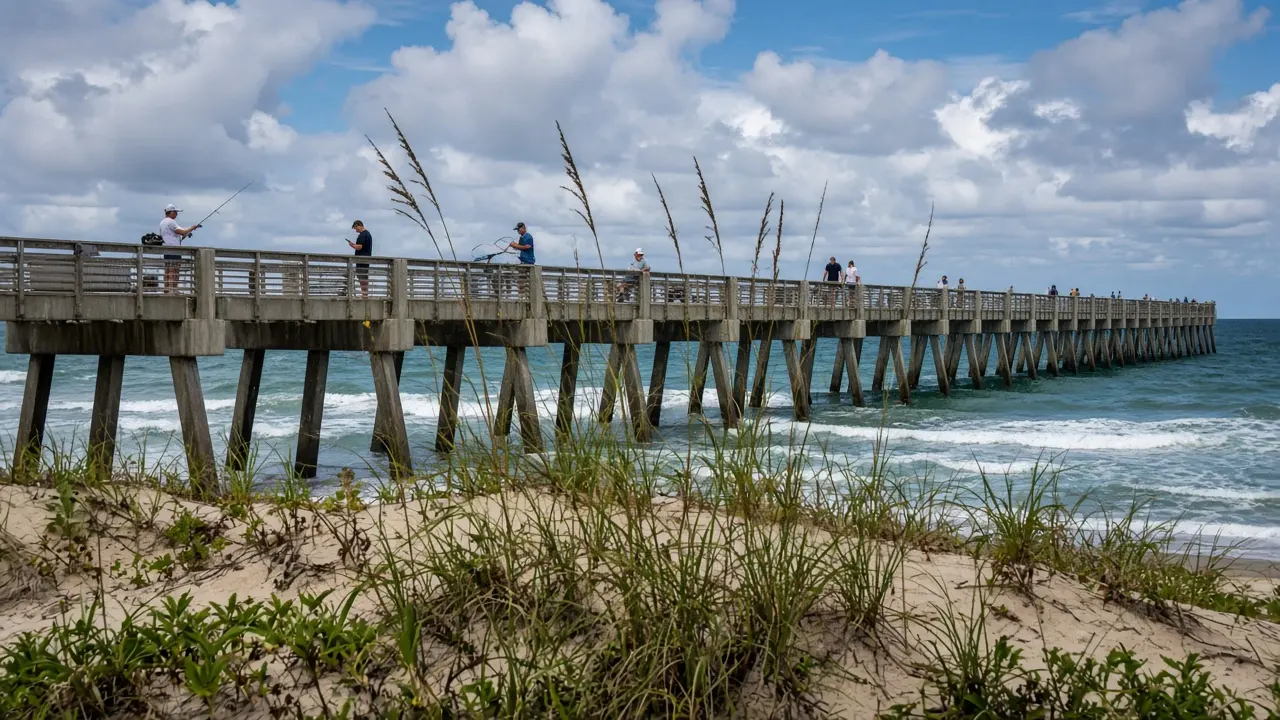 Illustration of anglers on a long pier stretching from a dune beach into the Atlantic