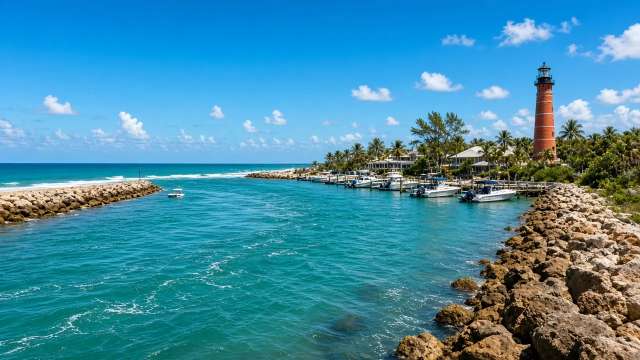 Illustration of an inlet between rock jetties with a red lighthouse and palms in the background