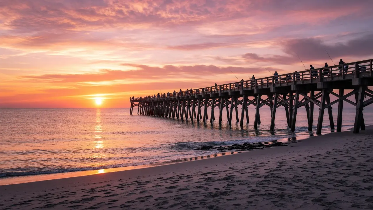 Illustration of a fishing pier silhouetted against a pink and orange sunrise over the ocean