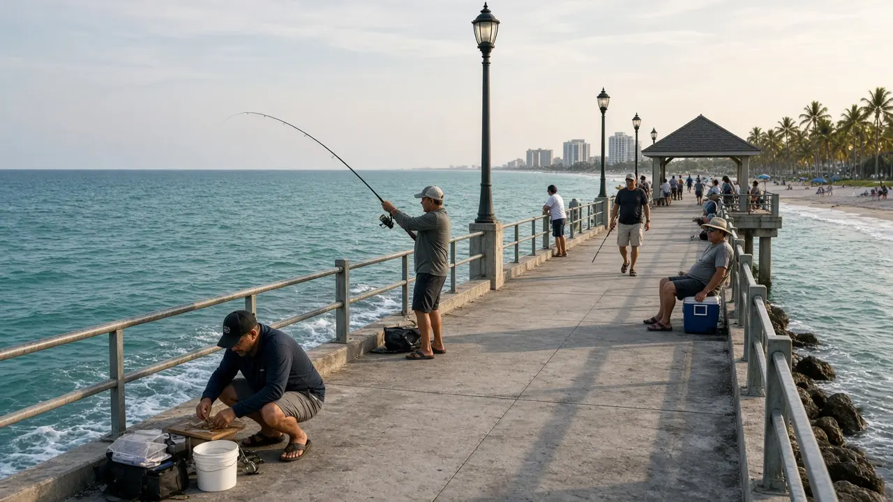 Illustration of anglers on a concrete fishing pier with lamp posts and a shelter over turquoise water