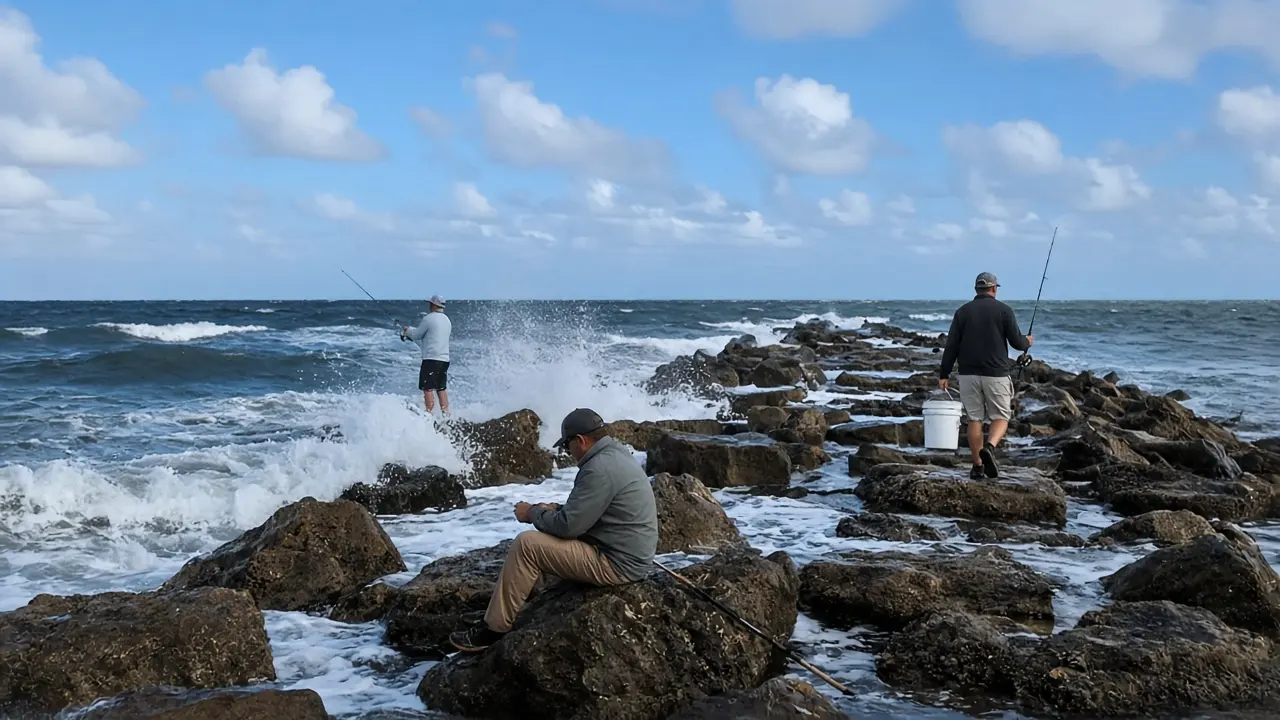 Illustration of anglers fishing from a rocky jetty as Atlantic waves break